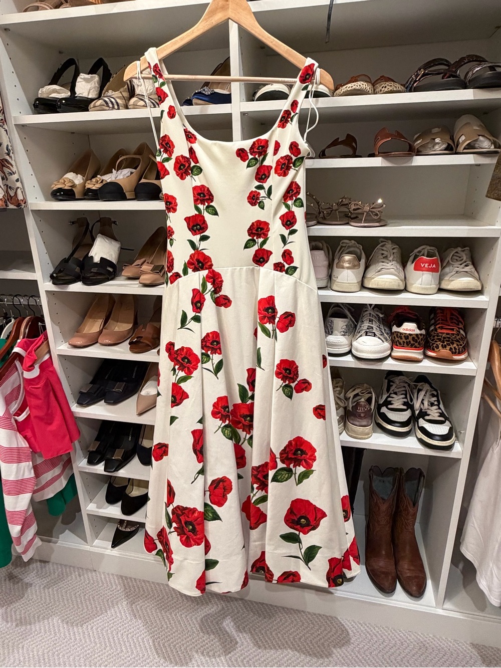 Alice + Olivia Cream Midi Dress with Red Floral Print- size 6